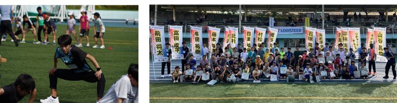 かけっこ教室の様子（左）と参加者の集合写真