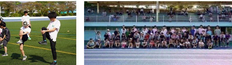 かけっこ教室の様子（左）と参加者との集合写真